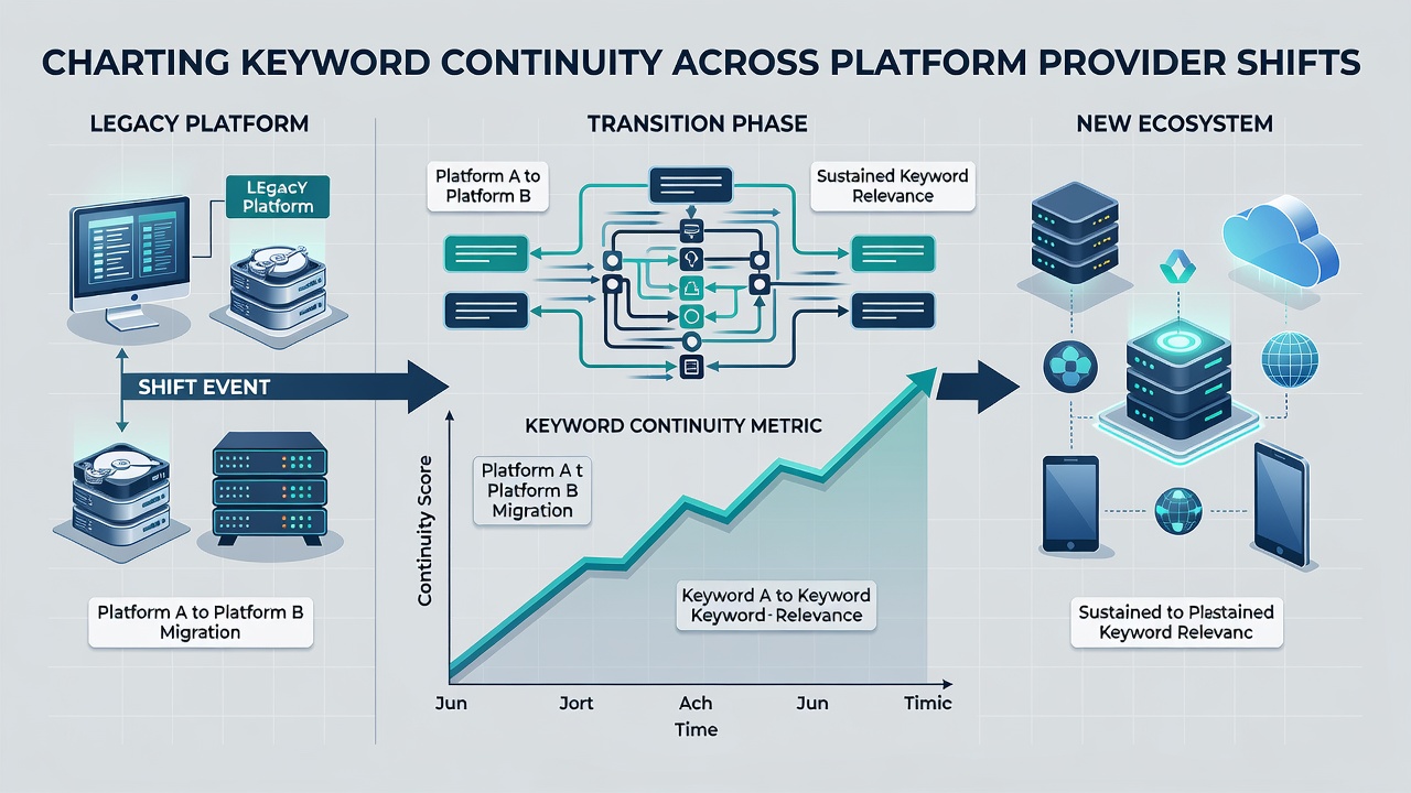 Screenshot of analytics dashboard displaying keyword performance metrics tracked over a six-month period including a platform migration event